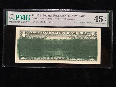 1999 Ink Smear Error $1 Note PMG Extra Fine EF45 EPQ Major Rare Misprint Bill - Image 1 of 3