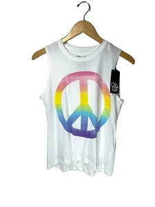 Chaser Peace Muscle Tank Top Womens L White Rainbow Stripe Peace Sign Graphic - Picture 1 of 7