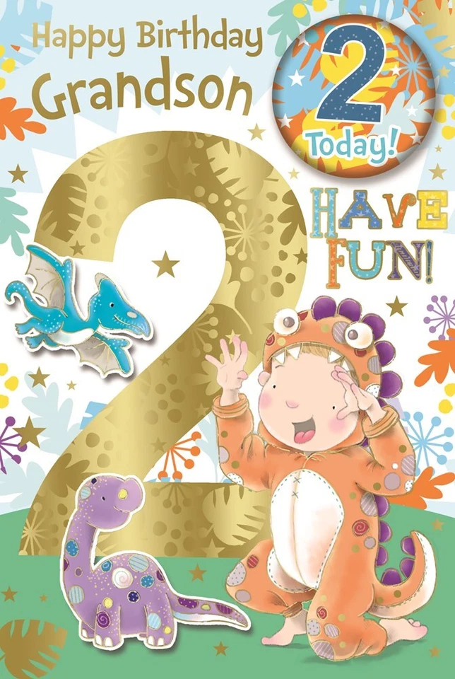 "Tarjeta e insignia de segundo cumpleaños de nieto - lámina de oro número 2 niño como dinosaurio 9x6" Foto 1 de 1