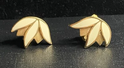 Vintage Monet Cream Enamel and Gold Tone Lotus Blossom Clip-on Earrings - Image 1 of 3