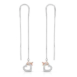 1/5 Cttw Diamond Heart Dangle Threader Women's Earrings Rhodium Plated Silver - Picture 1 of 6