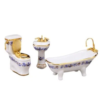 Dolls House Blue Onion Bathroom Furniture Set Reutter Porcelain Half Inch 1:24 - Image 1 of 4