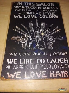 Art Tin ¡NOS ENCANTA EL LOOK DEL CABELLO! Letrero de BIENVENIDO decoración vintage de salón de pared    - Imagen 1 de 1