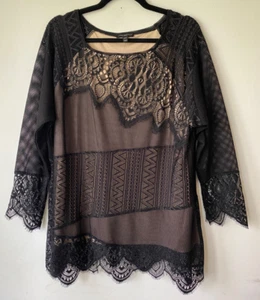 NWT Lane Bryant Plus Size 18-20 Top Black Lace Mesh Silhouette Beige Lined - Picture 1 of 5