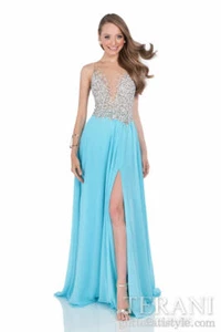 V622 Terani 1612 AQUA GRÖSSE 6 $ 398 PERLEN FORMELL ABSCHLUSSBALL FESTKLEID KLEID  - Bild 1 von 2