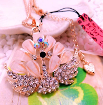 Betsey Johnson AB Crystal Peacock Shell Rose Gold Pendant Chain Free Gift Bag - Image 1 of 2