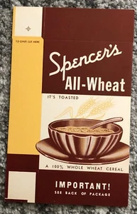 Cereal Box Original 1930's Spencer's All-Wheat Cardboard Box NOS Vintage - Picture 1 of 4