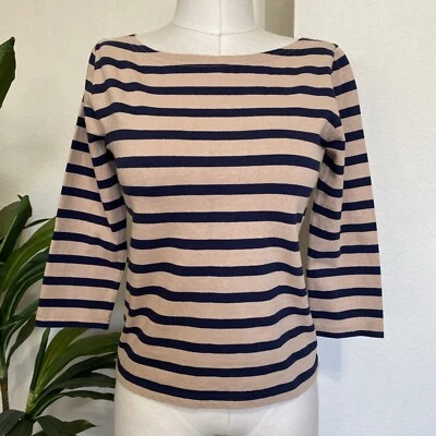 J Crew Mariner Cloth Boatneck Top Womens XXS Striped Navy Blue Tan Nautical NEW - Image 1 of 4