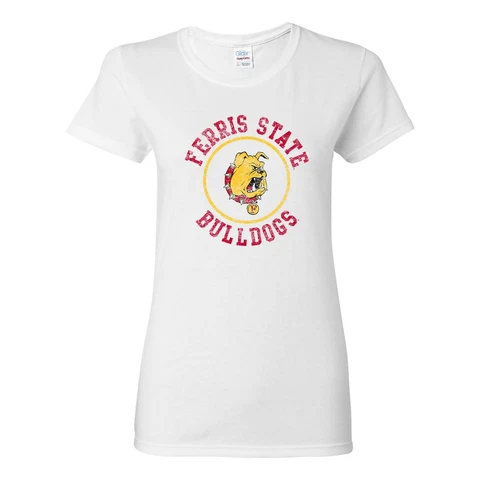 Ferris State University Bulldogs Distressed Circle Logo Ladies Tee - White Cover