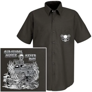 WILLYS OLD SCHOOL MUSCLE OUTLAW GASSER BLOWER DRAG CAR MECHANIC TECH WORK SHIRT - Picture 1 of 3
