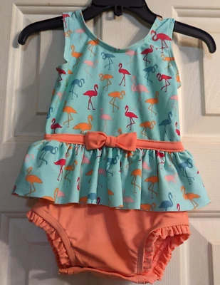Ruffle Butts Baby-Girls One Piece Swimsuit W" Flamingos & Bow, Sz 6-12 Mo, EUC - Image 1 of 2