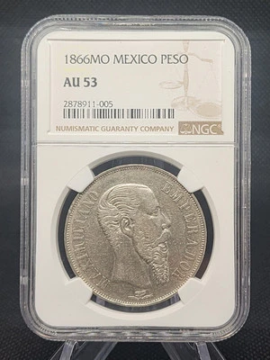 1866 MÉXICO PLATA 1 PESO IMPERIO DE MAXIMILIANO NGC AU 53 RARO ALTO GRADO Foto 1 de 4