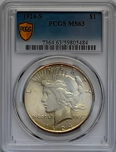 1924-S Peace Silber Dollar 1 $ PCGS MS63 San Francisco Münze Auswahl Satin Glanz - Bild 1 von 4