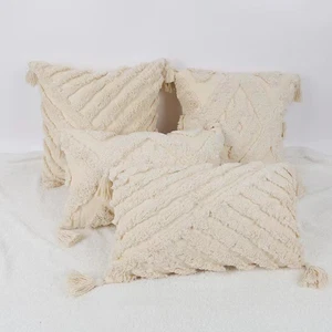 Creme getufteter Kissenbezug Quaste Chevron zottelig Kissenhülle böhmisches Sofa Dekor - Bild 1 von 10