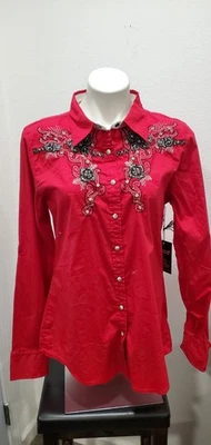 Camisa Roar Roja/Negro Bordada Estrás Bling Vaquera Rodeo Western Talla L Foto 1 de 4
