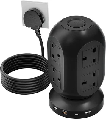 Tower Extension Lead-Power Strips with USB Ports with 8 Outlets and 2 USB Ports, - Image 1 of 4