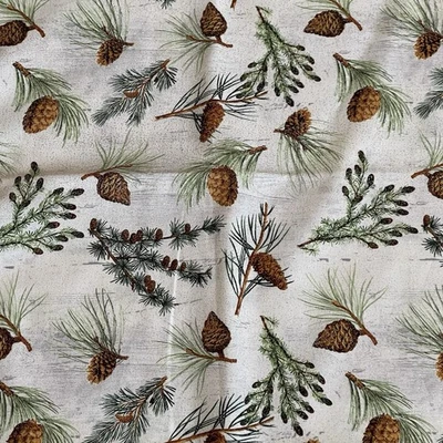 David Textiles Pine Cones Branches Creamy Beige Silver Glittery 1yd 2in - Image 1 of 3