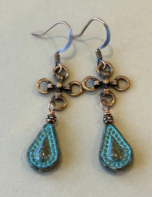 Boho Aqua Bronze Czech Glass Earrings Sundance Treasures Jewelry — 第 1/4 张图片