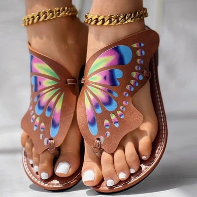 Utterfly Print Round Toe Flip Flops, Comfortable Summer Beach Shoes, Casual Wome - Image 1 of 4