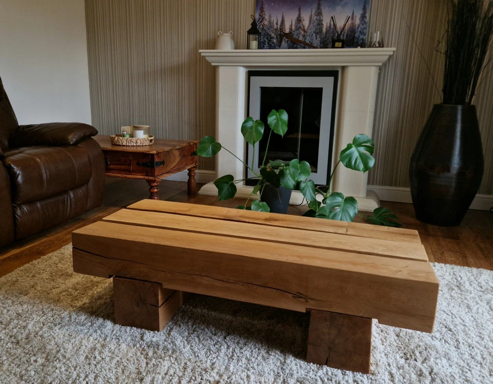New Handmade Solid Oak Coffee Table By LUEVA.ART Reclaimed Dry Oak Metal Feet  - Image 1 of 4