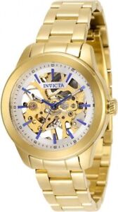 Invicta Women 34mm Vintage Silver Skeleton Dial Mechanical Gold Band Watch 35834