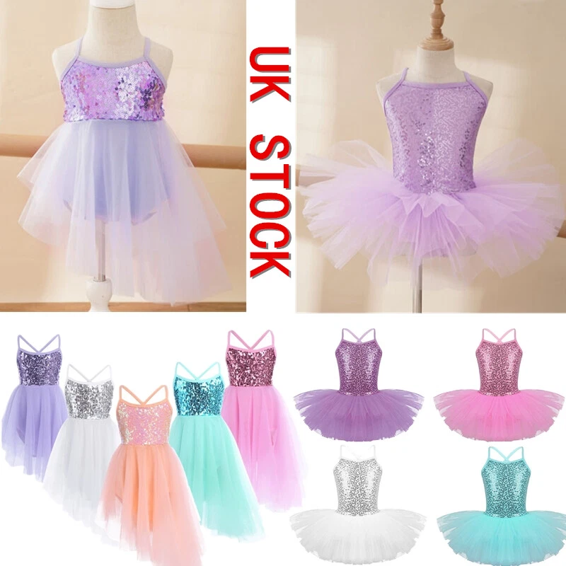 UK Girls Sequins Ballet Tutus Shiny High-Low Hem Dance Dress Ballerina Dancewear - Image 1 of 1