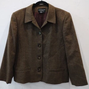 Vtg Y2K Liz Claiborne Tweed Blazer Sz 14 Pure Wool Brown Plaid Lined Houndstooth - Picture 1 of 12