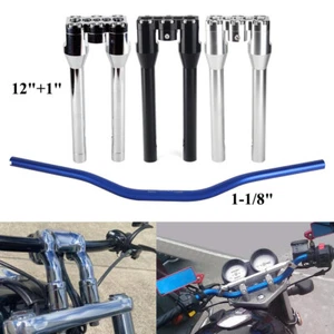 1-1/8" Blue Handlebar w/ 12" + 1" Handlebar Riser Kit For Sportster XL883L 1200 - Foto 1 di 13