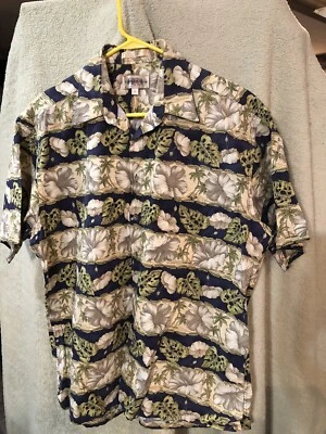 Campia Moda Men's L Green Hawaiian Floral  Stripe Short Sleeve Button Up Shirt - Image 1 of 4