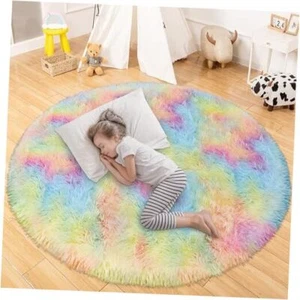 Round Rug Ultra-Soft Plush Modern Circle Area Rug for Girls 5x5feet Rainbow - Picture 1 of 7