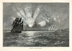 Tramonto sul lago Michigan, navi a vela, America storica 1874 antica incisione - Foto 1 di 4