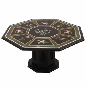 36" black marble dining Table Top semi precious stones inlay with marble stand - Picture 1 of 3