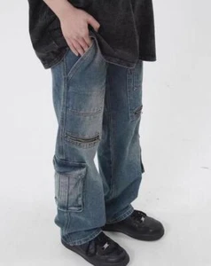 Hombres Retro Azul Denim Jeans Bolsillos Informales Pantalones Pantalones Punk Hip Hop Motocicleta - Imagen 1 de 4