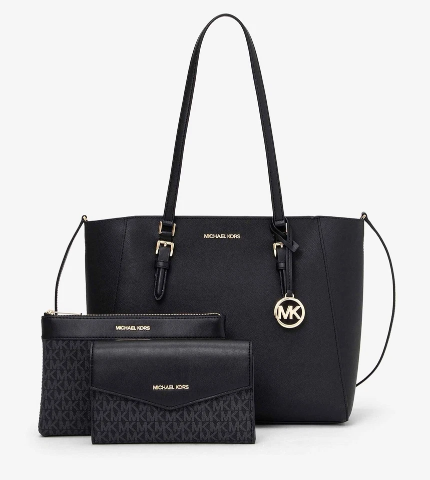 Michael Kors Charlotte Leder Schultertasche mit 2 Umhängetaschen - Schwarz