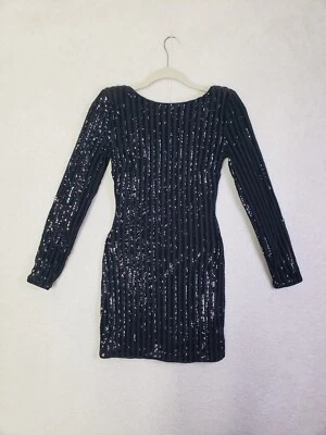 Forever 21 Women Dress Small Black Poly Blend Sequin Striped Long Sleeve Mini - Image 1 of 4