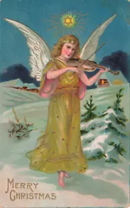 Christmas Angel Postcard Playing a Violin Embossed c 1910 P8 - Picture 1 of 2