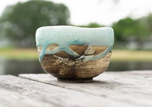 Japanese Matcha Bowl, Matcha Cup - Bright Blue and Brown Pattern, 14 oz - Picture 1 of 4