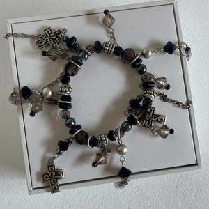 Beaded Bracelet Crosses and Charms Goth Crystals Stretch - Picture 1 of 7