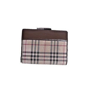 Portafoglio compatto Burberry Nova Check bi-fold pelle marrone chiusura a bacio ricondizionato - Foto 1 di 12