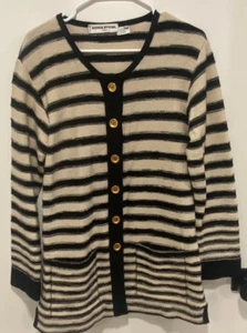 Sonia Rykiel Womens Scoop Kneck Black & Beige Striped Wool Cardigan Size 36 - Picture 1 of 5