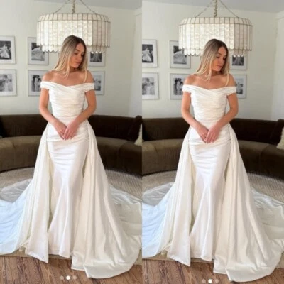 Mermaid Wedding Dresses With Detachable Train Off Shoulder Satin Bridal Gowns - Image 1 of 4