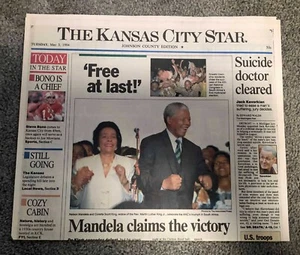 1994 Kansas City Star Headline Display Newpaper Mandela Claims Victory - Picture 1 of 2