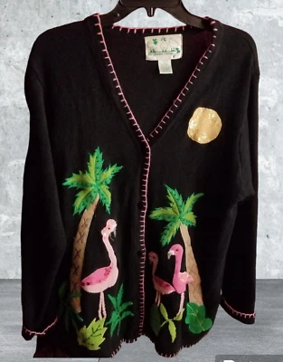 Quacker Factory Women's Cardigan Pink Flamingo Beaded Applique Embroidered Large - Image 1 of 4