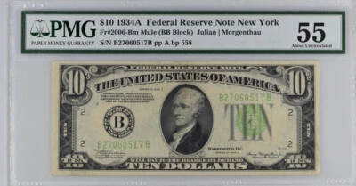 MULE! 1934A $10 FRN New York, NY FR#2006-Bm B27060517B PMG AU55 Backplate 558 - Image 1 of 2