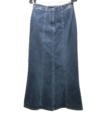 Falda vaquera modesta larga vintage talla 4 acampanada algodón elástico años 2000 jean azul Y2K Foto 1 de 4