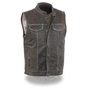 MEN'S DISTRESSED GREY MOTORCYCLE SON OF ANARCHY STYLE LEATHER VEST - SAKC - Picture 1 of 2