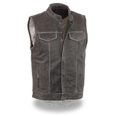 MEN'S DISTRESSED GREY MOTORCYCLE SON OF ANARCHY STYLE LEATHER VEST - SAKC - Image 1 of 2