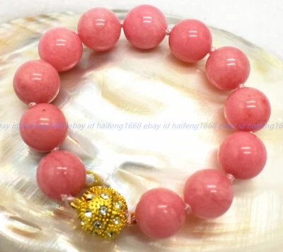 Große 14mm natürliche rosa Rhodochrosit Edelstein Runde Perlen Armband 7-9in - Bild 1 von 4