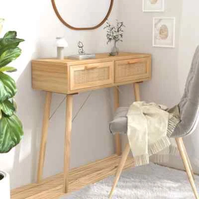 NNEVL Console Table Brown 80x30x75 cm Solid Wood Pine&Natural Rattan - Image 1 of 4