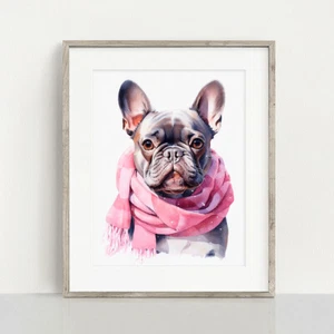 Bulldog francés con estampado de bufanda de invierno, pintura en acuarela, retrato de mascota - Imagen 1 de 10